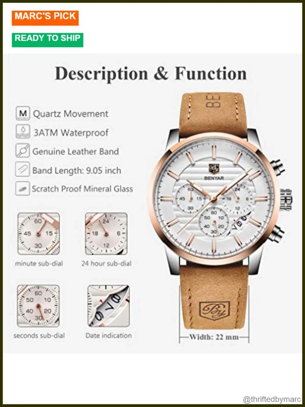 Leather Band Quartz Chronograph Waterproof Business Sport Wrist Watch
